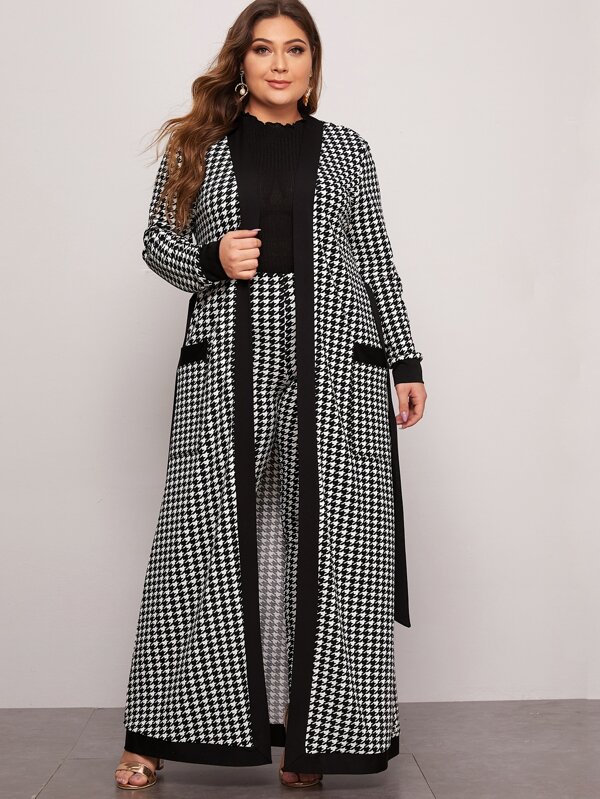 Modelyn Plus Patch Pocket Belted Houndstooth  Black And White Houndstooth Coat & Leggings Set