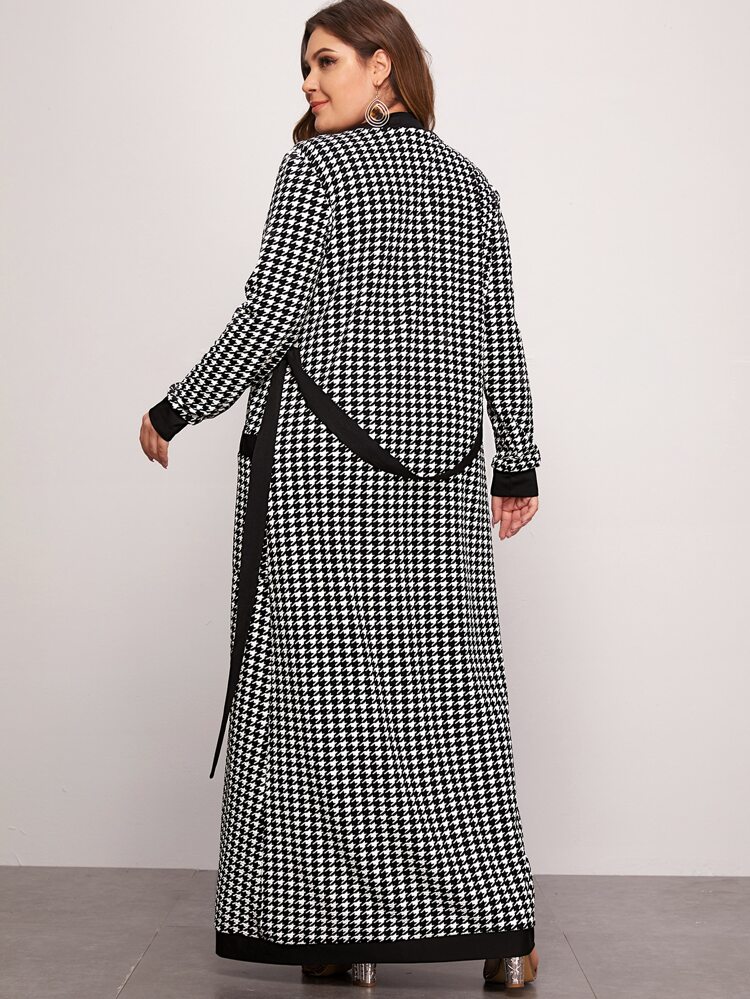 Plus Patch Pocket Belted Houndstooth  Black And White Houndstooth Coat & Leggings Set