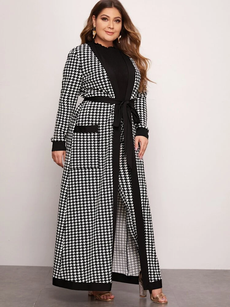 Plus Patch Pocket Belted Houndstooth  Black And White Houndstooth Coat & Leggings Set