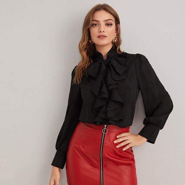 

Tie Neck Ruffle Trim Blouse, Black