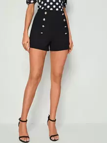 SHEIN Privé Quần short Nút phía trước màu trơn màu đen Thanh lịch - màu đen - Xem 3