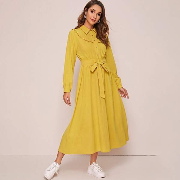 

Self Tie Frill Trim Button Front Shirt Dress, Yellow