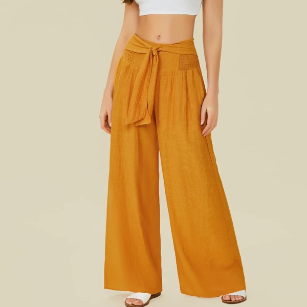 

Smocked Waist Tie Wide Leg Pants, Yellow