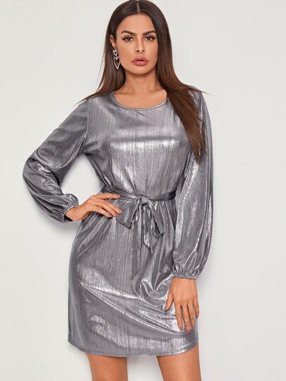 Metallic Keyhole Back Belted Tunic Dress