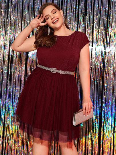 Plus Glitter Mesh Overlay A-line Dress Without Belted