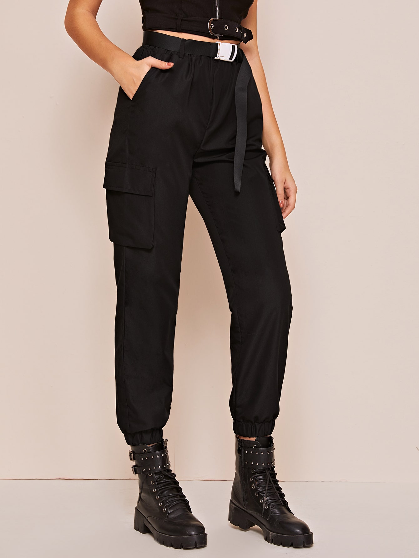 Solid Flap Pocket Belted Cargo Pants 