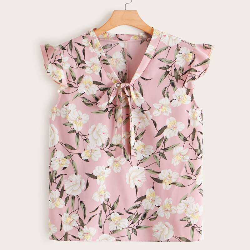 

Plus Floral Print Tie Front Blouse, Pink