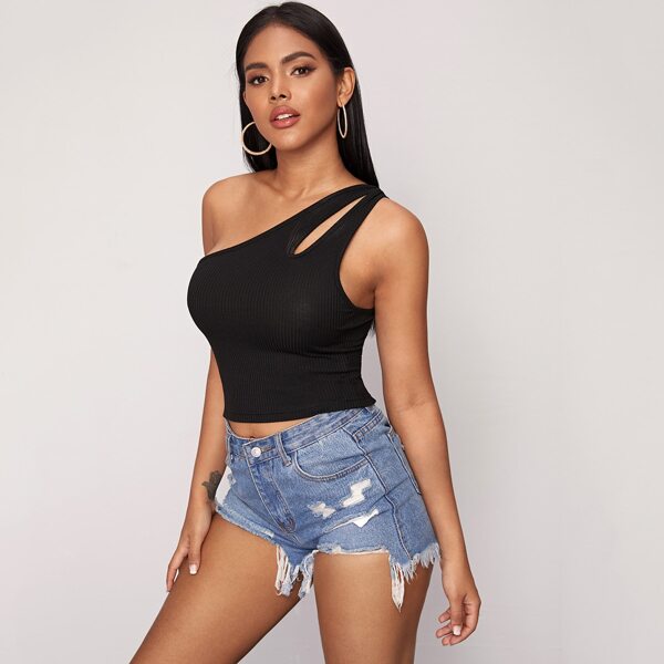 

Solid One Shoulder Ribbed Crop Top, Black