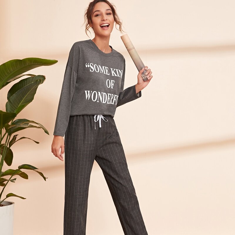 

Letter Graphic Drawstring PJ Set, Grey