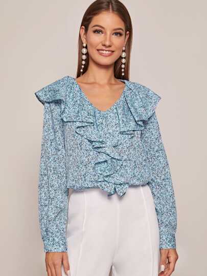 Ditsy Floral Ruffle Trim Blouse