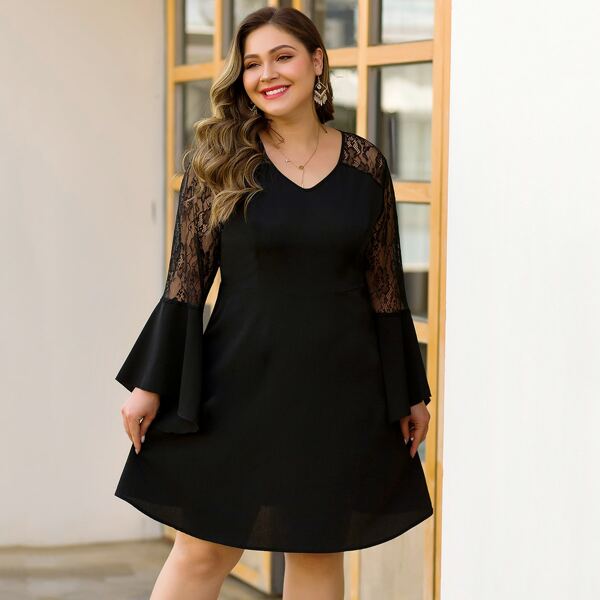 

Plus Contrast Lace Flounce Sleeve A-line Dress, Black
