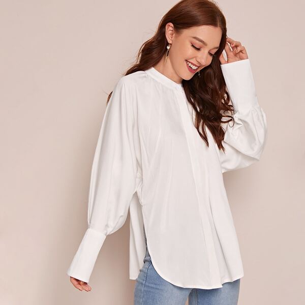 

Split Hem Leg-of-mutton Sleeve Button Up Blouse, White