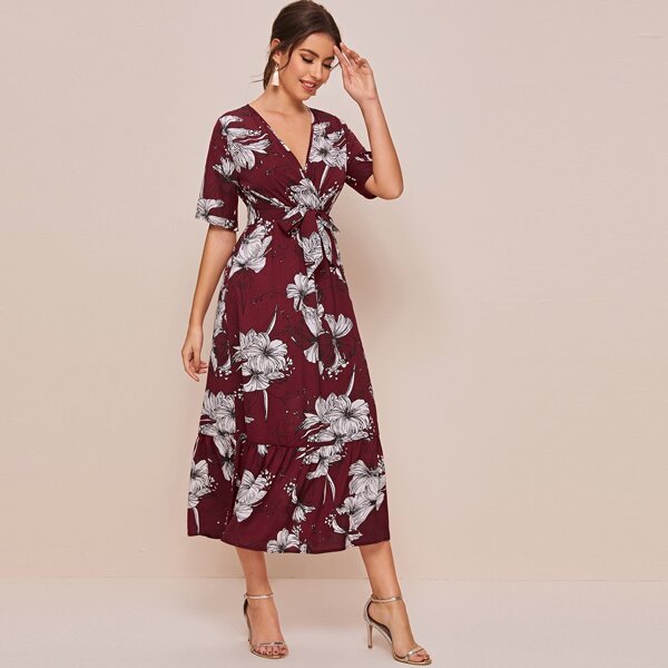 

Surplice Front Ruffle Hem Floral A-line Dress, Burgundy