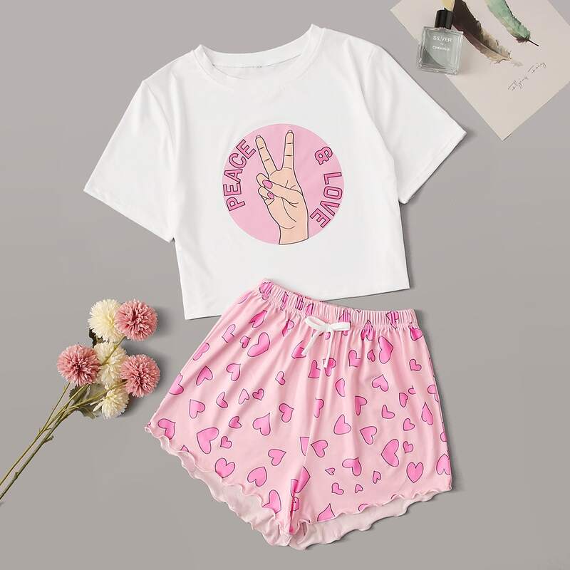 

Heart & Gesture Print Drawstring PJ Set, Multicolor
