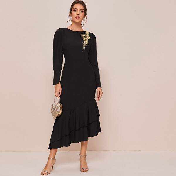 

Embroidered Appliques Layered Ruffle Hem Dress, Black