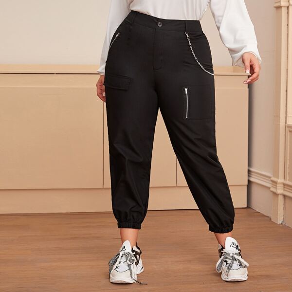 

Plus Button Fly Chain Detail Sweatpants, Black