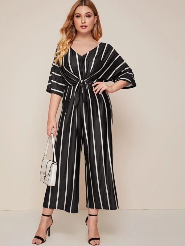 tie front striped jumpsuit