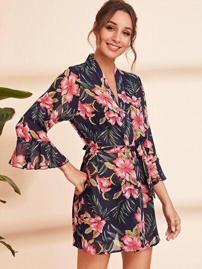 Floral Print Flounce Sleeve Belted Robe