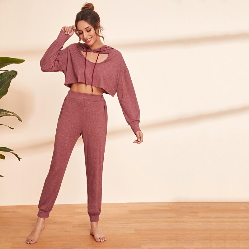 

Solid Peekaboo Drawstring PJ Set, Burgundy