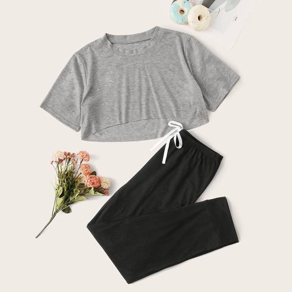 

Solid Crop Tee & Drawstring Sweatpants PJ Set, Multicolor