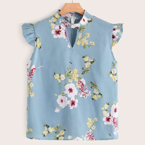 

Plus Choker Neck Floral Print Blouse, Blue