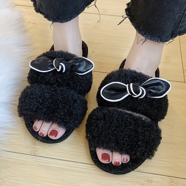 

Bow Decor Faux Fur Open Toe Slippers, Black