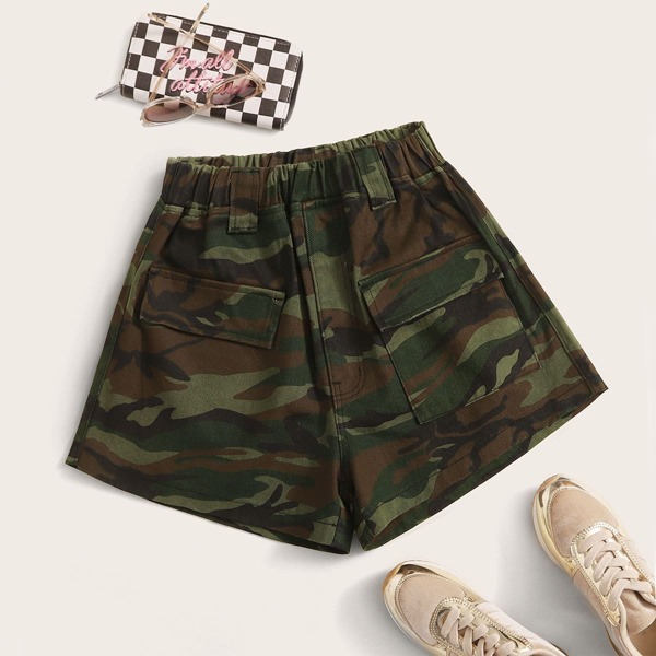 

Plus Camo Print Flap Pocket Denim Shorts, Multicolor