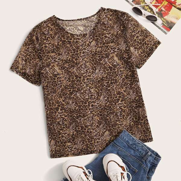 

Plus Leopard Print Sheer Mesh Top, Multicolor