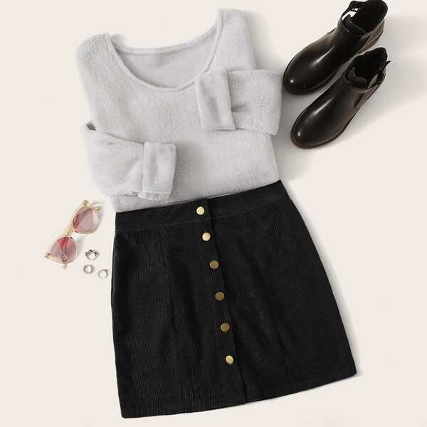 

Solid Flannel Tee & Button Front Corduroy Skirt, Multicolor