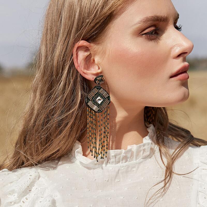 

1pair Rhinestone Engraved Seed Beads Earrings, Multicolor