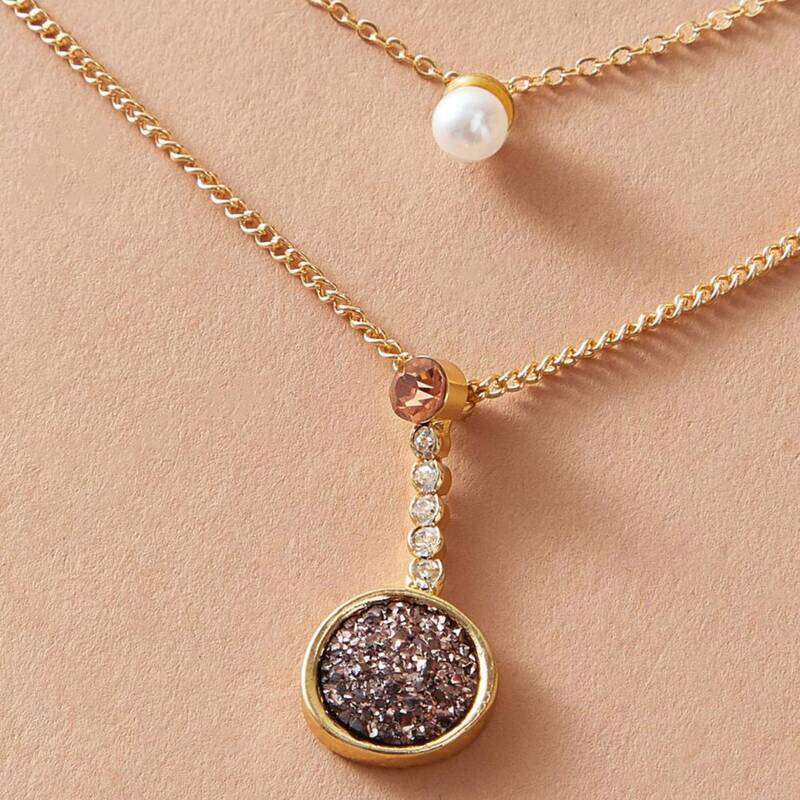 

2pcs Faux Pearl & Round Charm Necklace, Gold