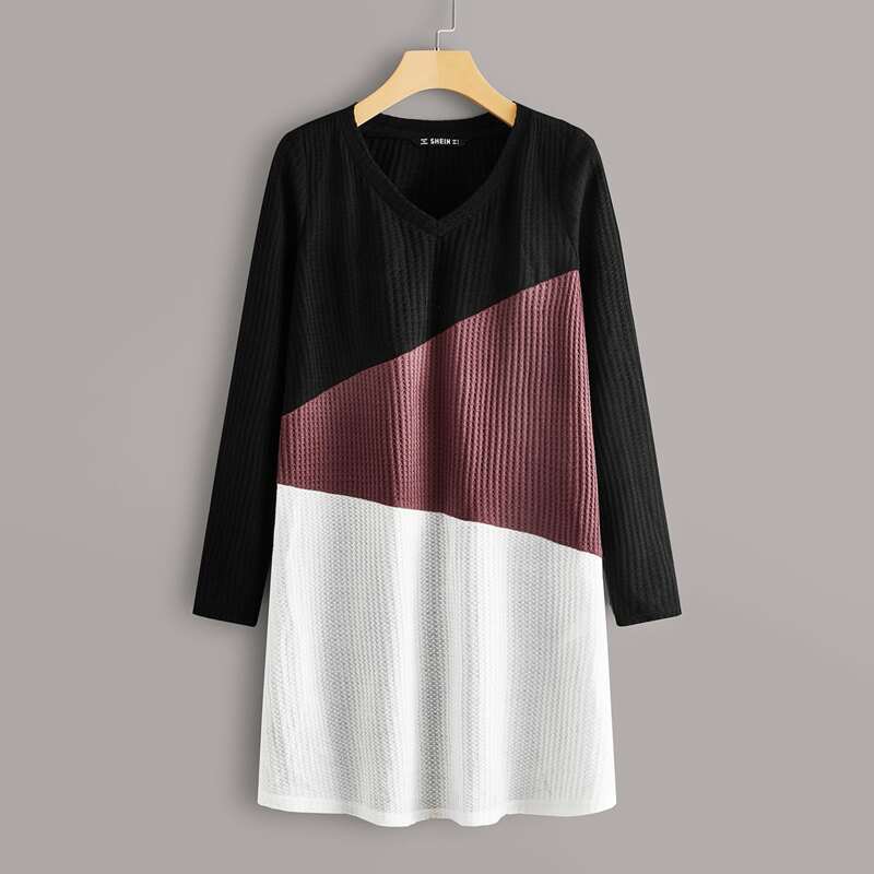 

V-neck Colorblock Waffle Knit Tee Dress, Multicolor