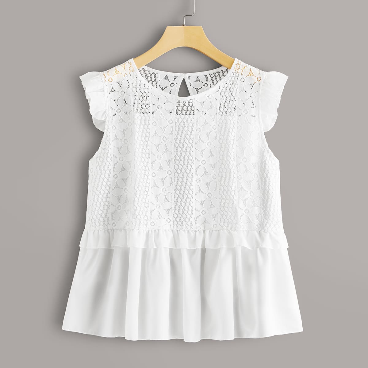

Lace Panel Ruffle Trim Keyhole Back Tank Top, White