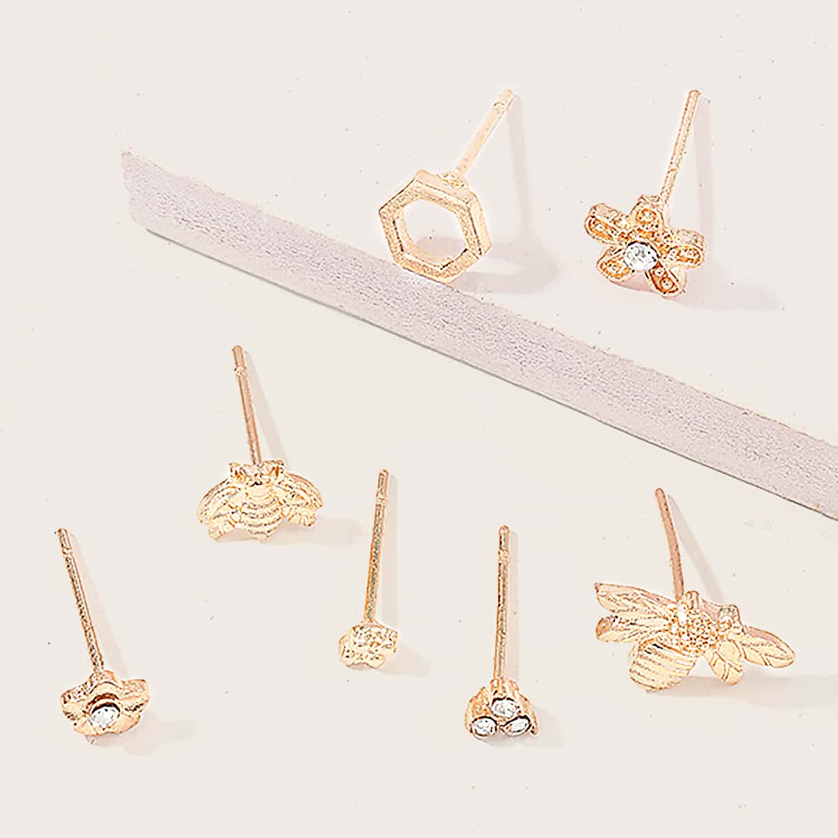 

7pcs Floral & Animal Stud Earrings, Gold