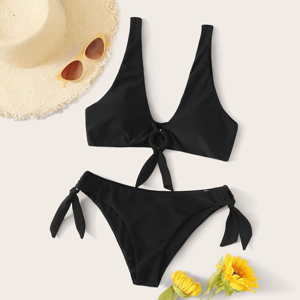 

Knot Front Ring Linked Bikini Set, Black