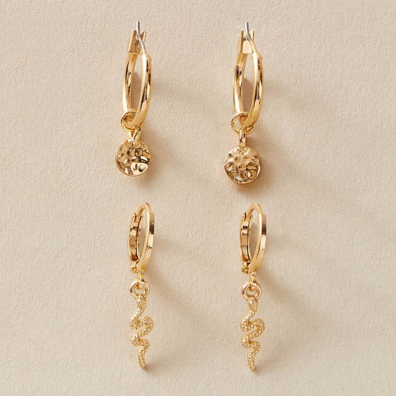 

2pairs Textured Snake Drop Earrings, Gold