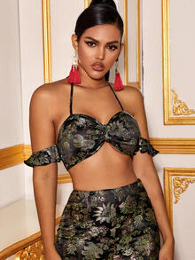 Backless Knotted Floral Jacquard Satin Crop Top - Multicolor - View 5
