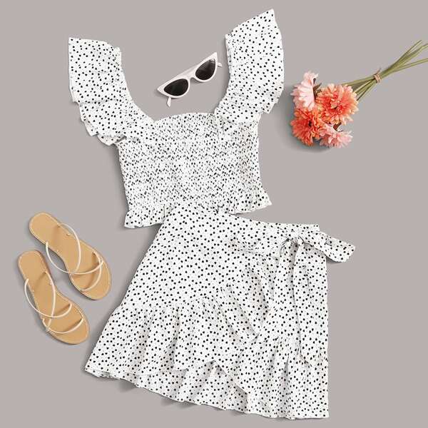 

Ruffle Detail Shirred Top & Asymmetrical Hem Skirt Set, Black and white