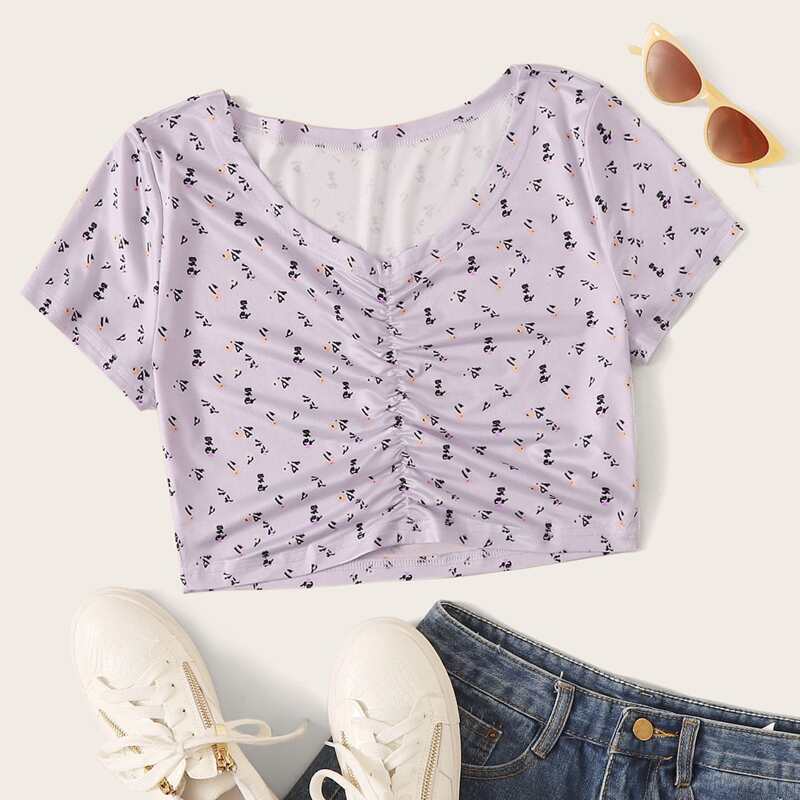 

Graphic Print Ruched Crop Tee, Purple