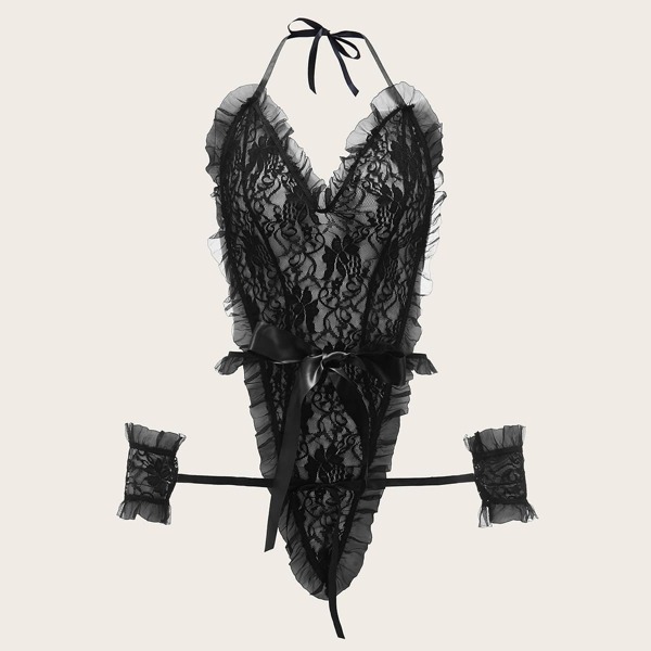

Floral Lace Frill Belted Teddy Bodysuit, Black