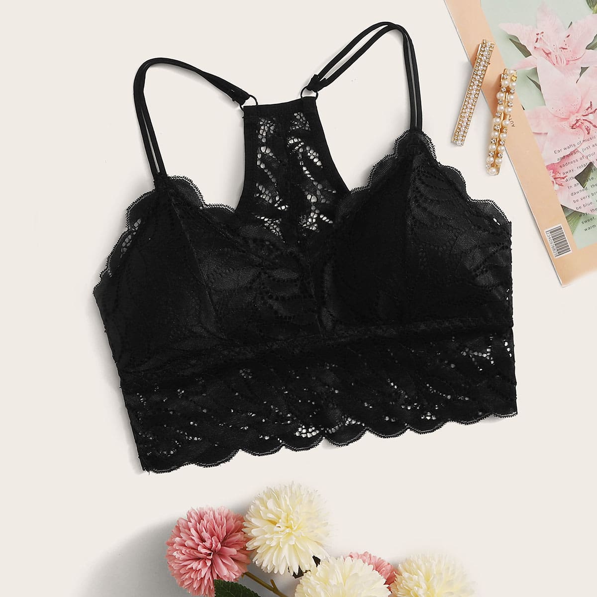 

Scallop Floral Lace Bralette, Black