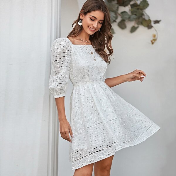 

Puff Sleeve Schiffy A-line Dress, White