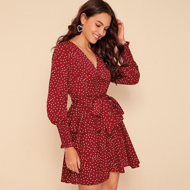 

Polka Dot Belted Layered Hem Dress, Red