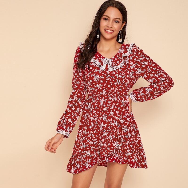 

Ditsy Floral Print Contrast Lace Doll Collar Dress, Multicolor