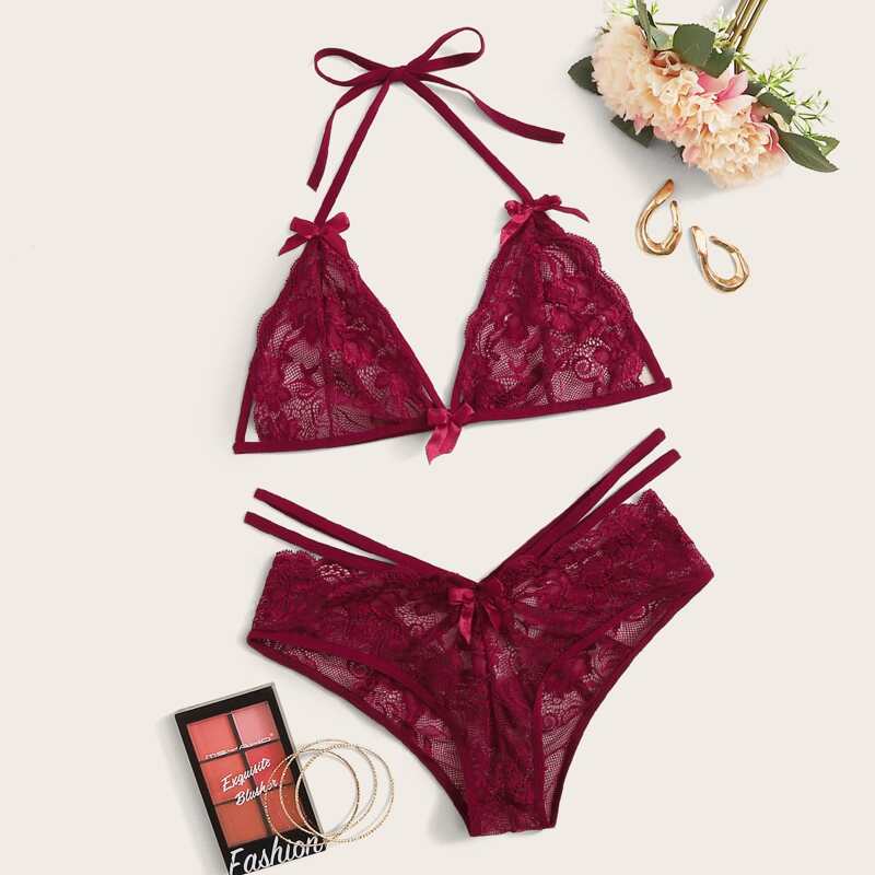 

Floral Lace Halter Harness Lingerie Set, Burgundy
