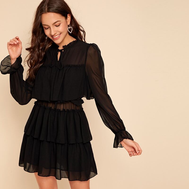 

Tie Neck Ruffle Trim Layered Dress, Black