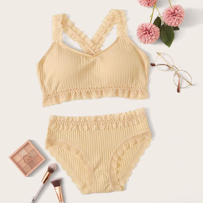 

Lace Trim Ribbed Lingerie Set, Apricot