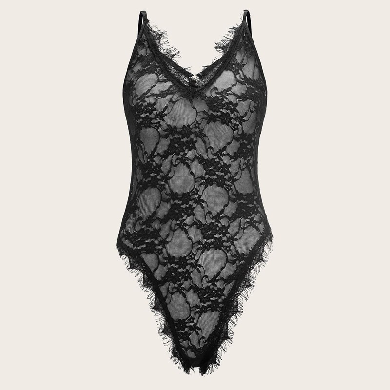

Eyelash Floral Lace Sheer Teddy Bodysuit, Black