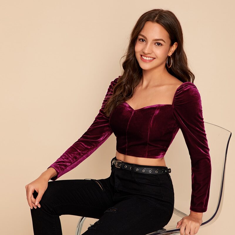 

Zip Back Sweetheart Neck Crop Velvet Top, Burgundy