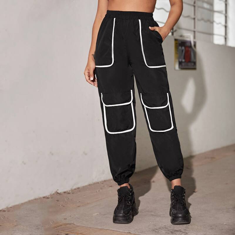 

Contrast Piping Flap Pocket Windbreaker Sweatpants, Black